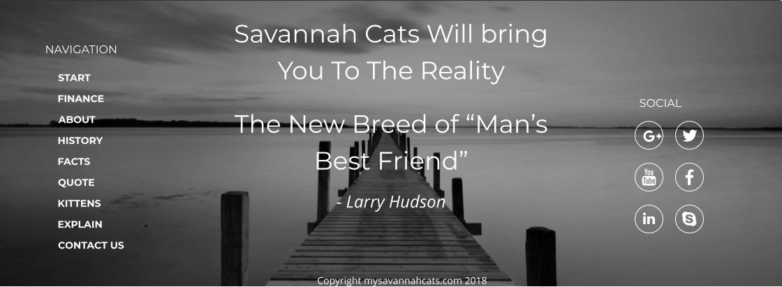 Savannah Cats Will bring You To The Reality The New Breed of “Man’s Best Friend” - Larry Hudson NAVIGATION START FINANCE ABOUT HISTORY FACTS QUOTE KITTENS EXPLAIN CONTACT US       SOCIAL Copyright mysavannahcats.com 2018